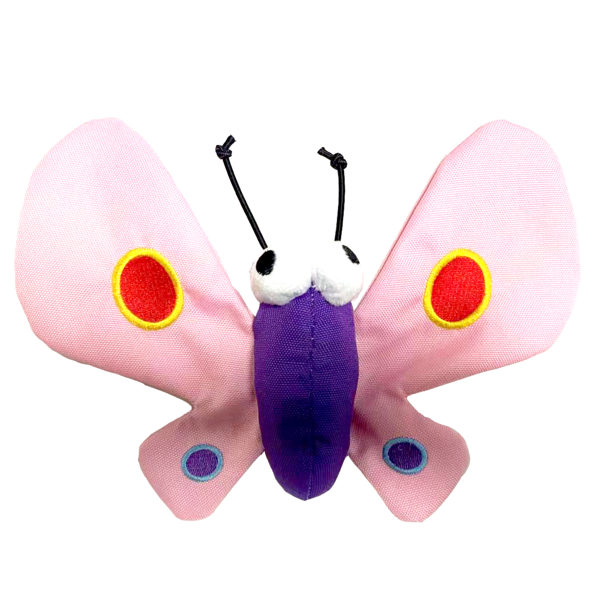 Petstify Insect Defence Butterfly plush dog toy with pink and purple wings.
