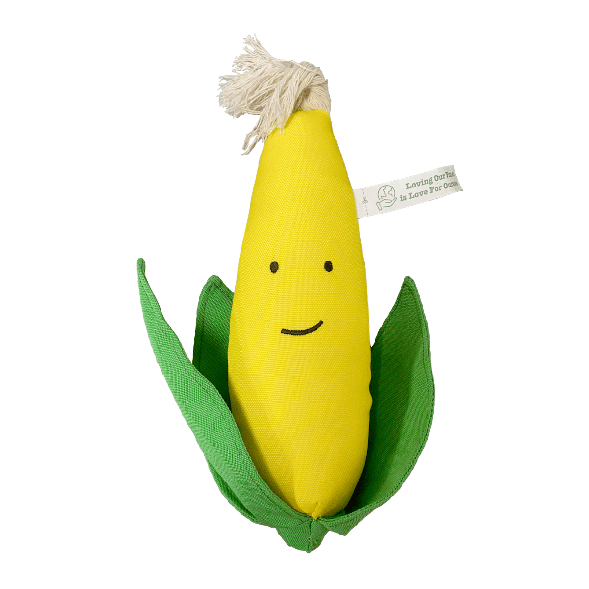Petstify I Love Vegetables Corn plush dog toy with squeaker and recycled fabric.
