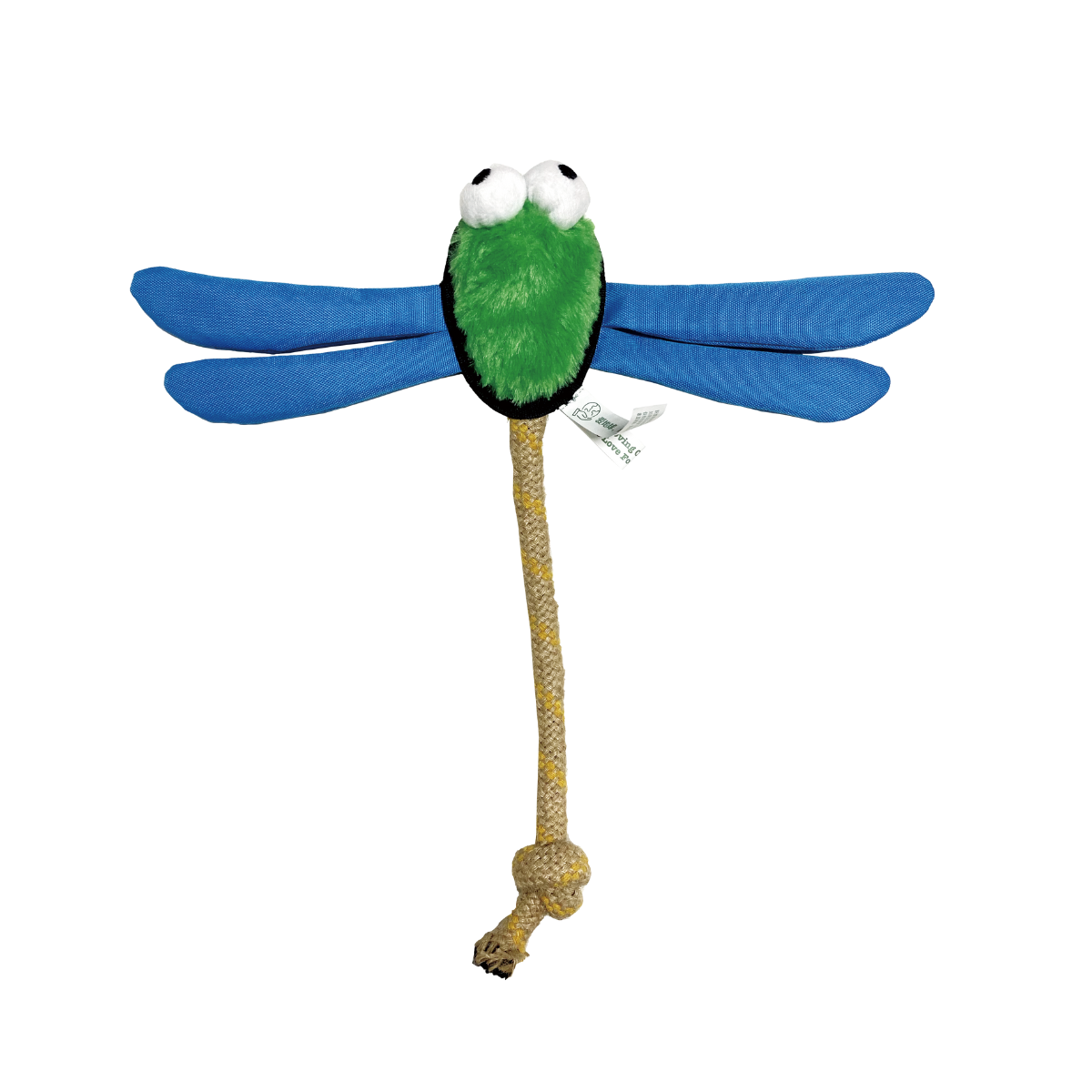 Petstify Insect Defence Dragonfly plush toy with vibrant blue wings and a durable rope body.