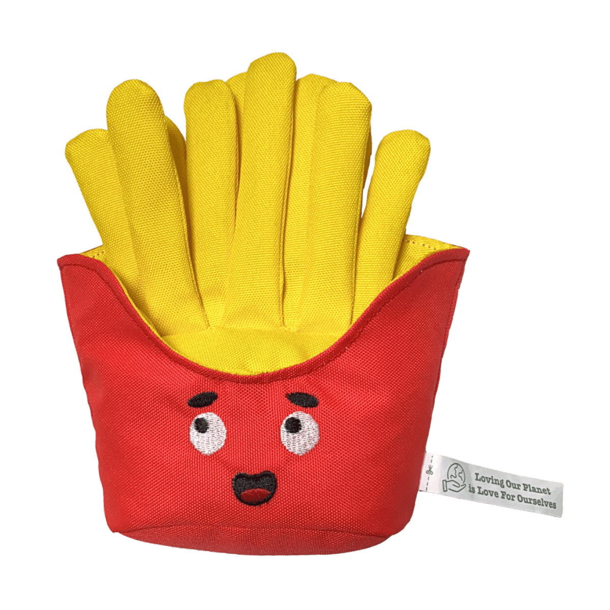 Petstify I Love Fast Food Chips (Fries) plush dog toy, an eco-friendly squeaky toy.
