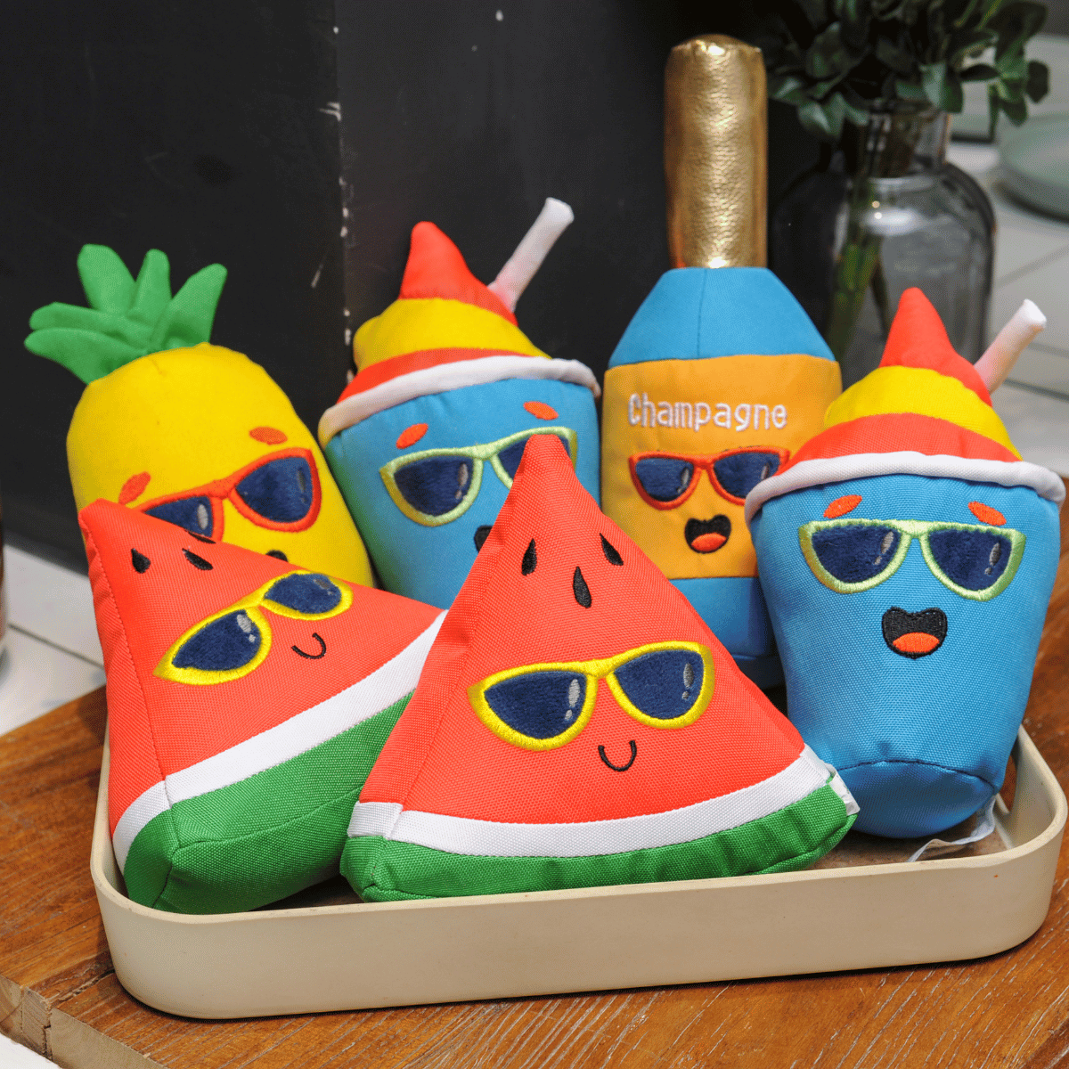 The complete Petstify Summer Party plush dog toy collection featuring Pineapple, Watermelon, Ice Cream, and Champagne toys.