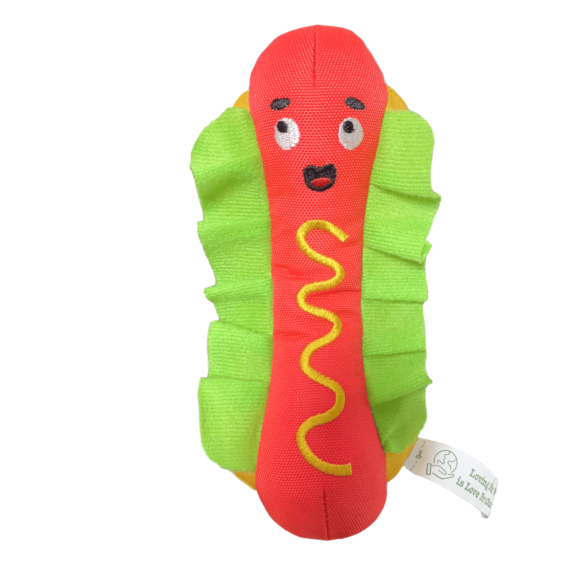 Petstify I Love Fast Food Hotdog plush dog toy, a fun and sustainable squeaky toy.