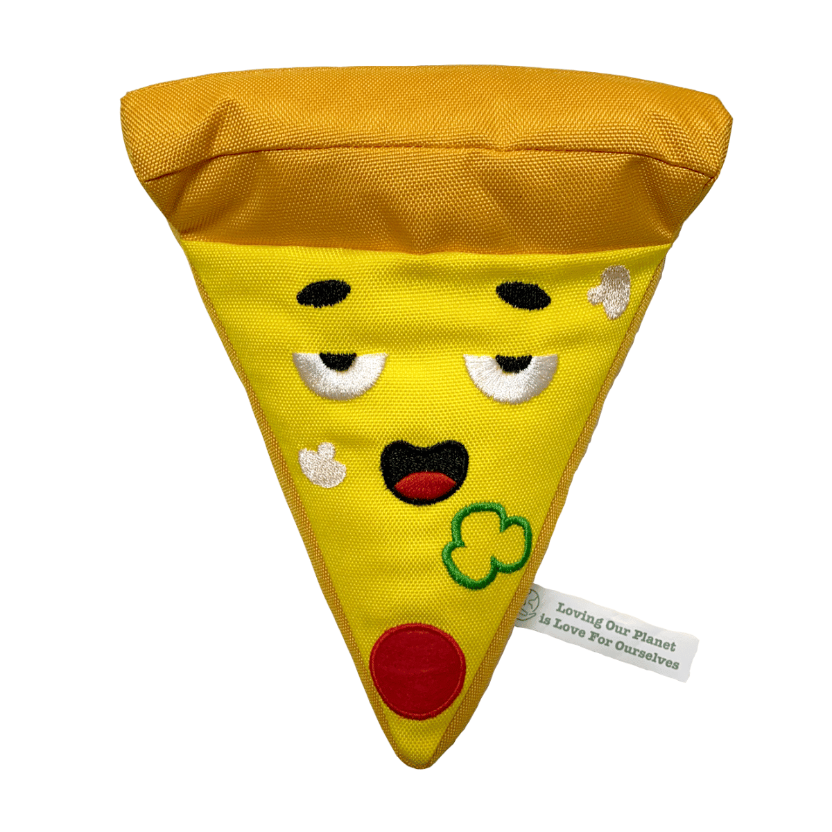 Petstify I Love Fast Food Pizza slice plush dog toy made from recycled materials.