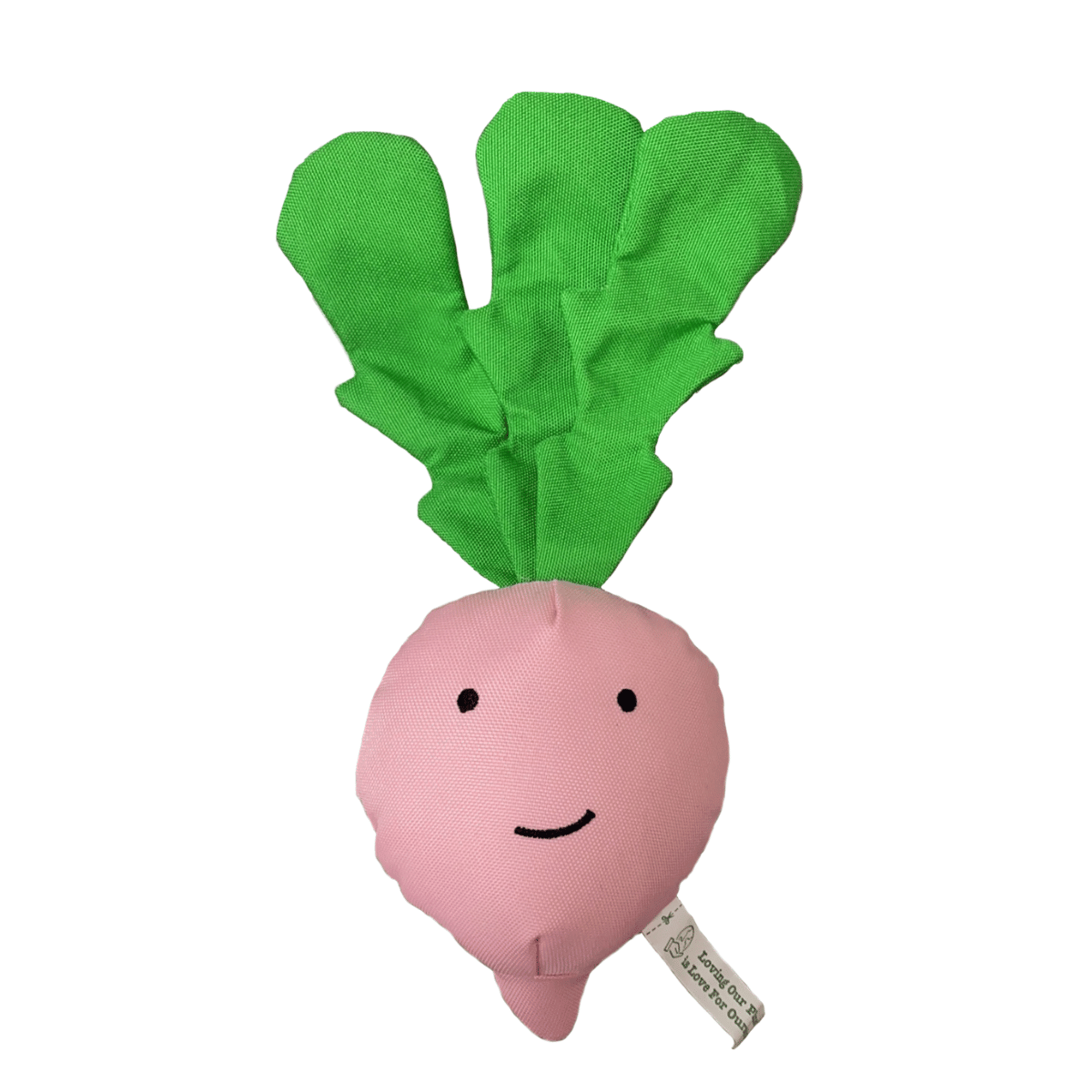 Petstify I Love Vegetables Radish plush dog toy with crinkle paper and squeaker.